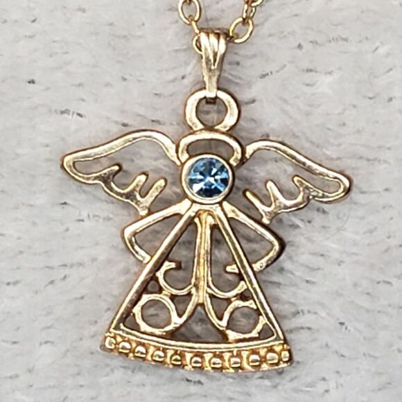 Rose Gold Angel Pendant with Aquamarine stone Necklace - Picture 1 of 5